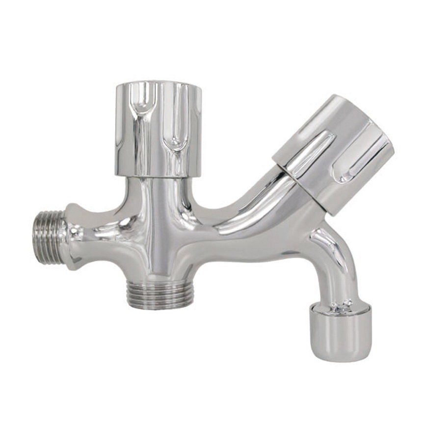 Dubbele tapkraan, messing verchroomd, 2x buitendraad, &frac12;" x &frac34;" 