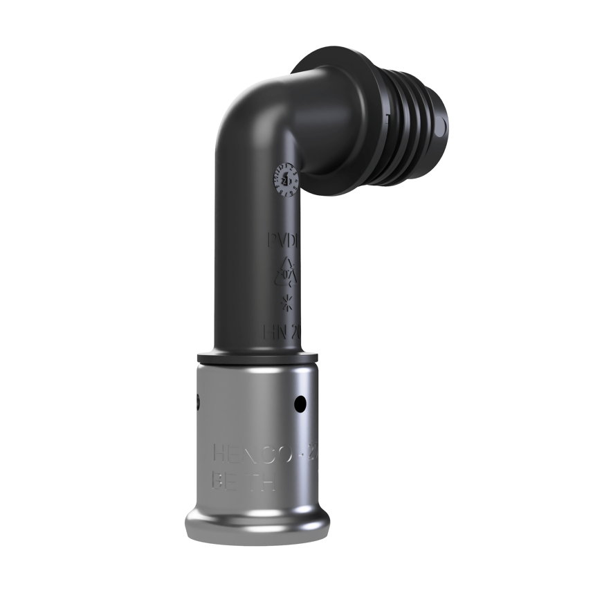 Henco knie 90&deg; voor Pro-Flow Manifold verdeler, pers x euroconus, toevoer onder, 20 mm, zwart 