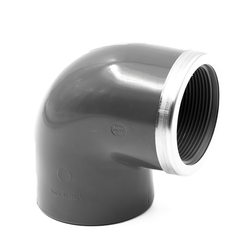 Comer knie 90&deg;, pvc-u, rvs, inwendig lijm x binnendraad, met versterkingsring, 20 mm x &frac12;" 