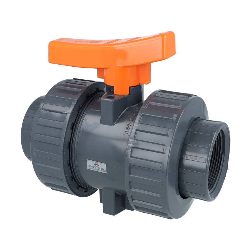 Comer kogelkraan, pvc-u, 2x binnendraad / 2x wartel, oranje hendel, epdm, 16 bar, &frac12;" 