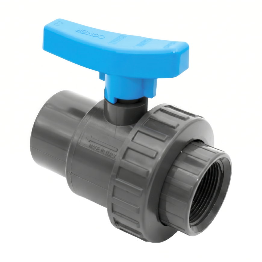 Comer kogelkraan, pvc-u, 2x binnendraad / 1x wartel, blauwe hendel, epdm, 16 bar, ½"