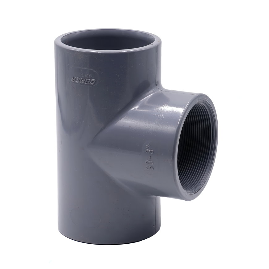 Comer schroef T-stuk 90°, pvc-u, 2x inwendig lijm / 1x binnendraad, 16 mm x 3/8" x 16 mm