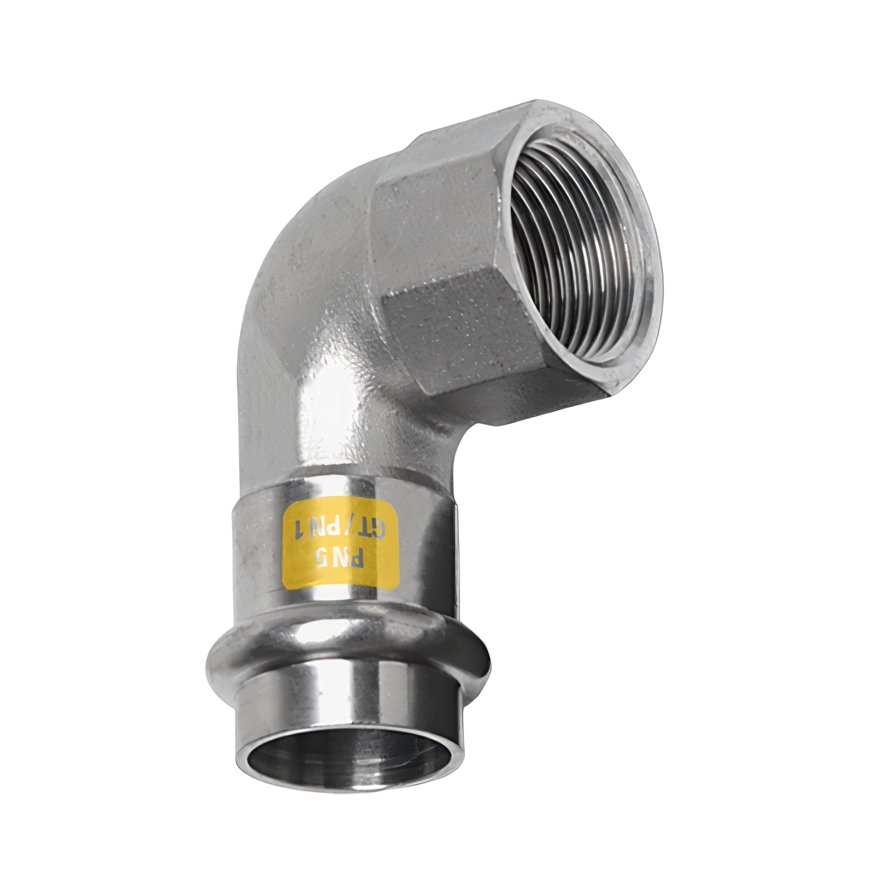 Sanha NiroSan Gas schroefknie 90&deg;, rvs 316L, pers x binnendraad, 22 mm x &frac34;" 