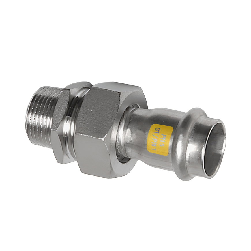 Sanha NiroSan Gas 3-delige koppeling, rvs 316L, pers x buitendraad, vlakdichtend, 22 mm x ¾"