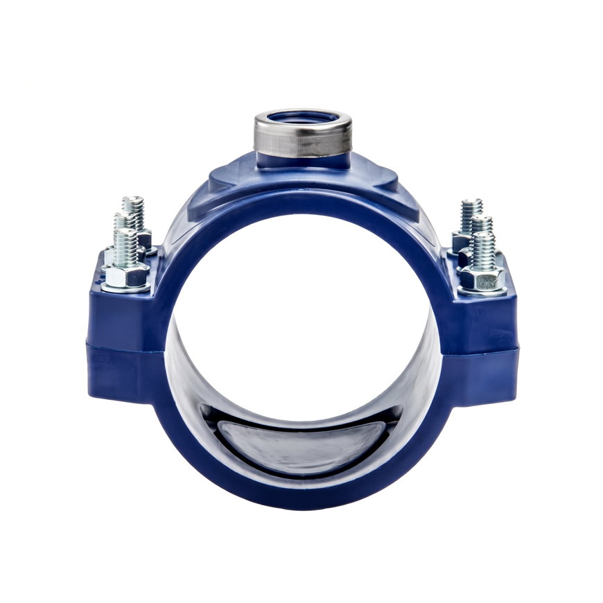 Unidelta aanboorzadel, pp, 1x bi.dr., blauw, verstevigingsring, incl. bouten en moeren, 25 mm x ½"