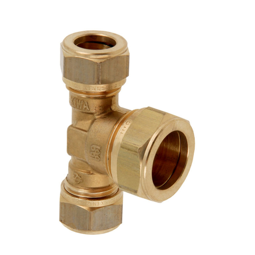 Bonfix verloop T-stuk 90°, messing, 3x knel, Kiwa, Gastec QA, 22 x 28 x 22 mm 
