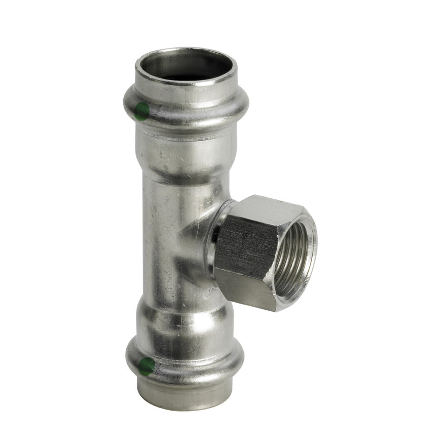Viega Sanpress schroef T-stuk 90°, SC-Contur, type 23172, rvs, 2x pers / 1x bi.dr., 22 x ½" x 22 mm 