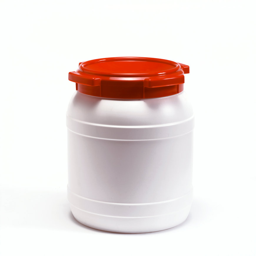 Wijdmonds vloeistofvat met schroefdeksel, zonder handgrepen, wit/rood, 6,4 liter 